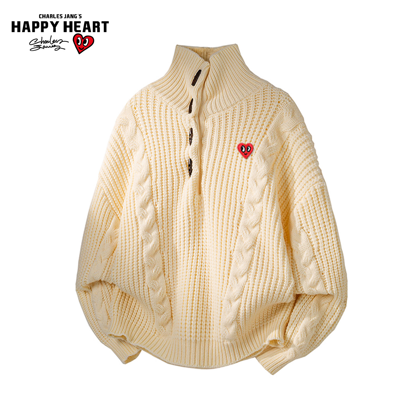 查尔斯桃心麻花针织毛衣套头纽扣半高领冬季新款慵懒松弛情侣上衣