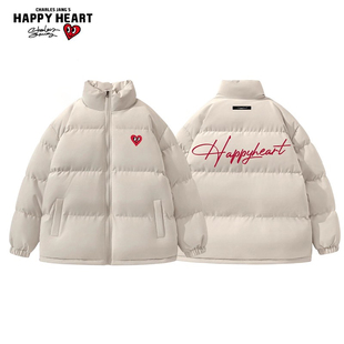 查尔斯桃心 秋冬季休闲字母印花立领加厚保暖情侣羽绒服男白鸭绒