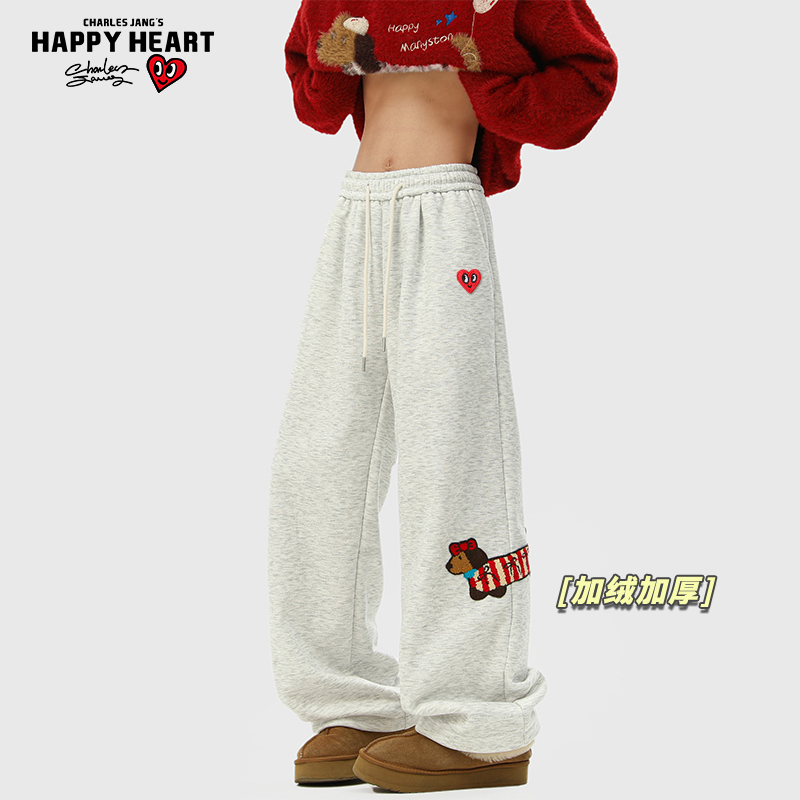 查尔斯桃心腊肠狗休闲卫裤男冬季2025新款加绒加厚情侣直筒长裤子