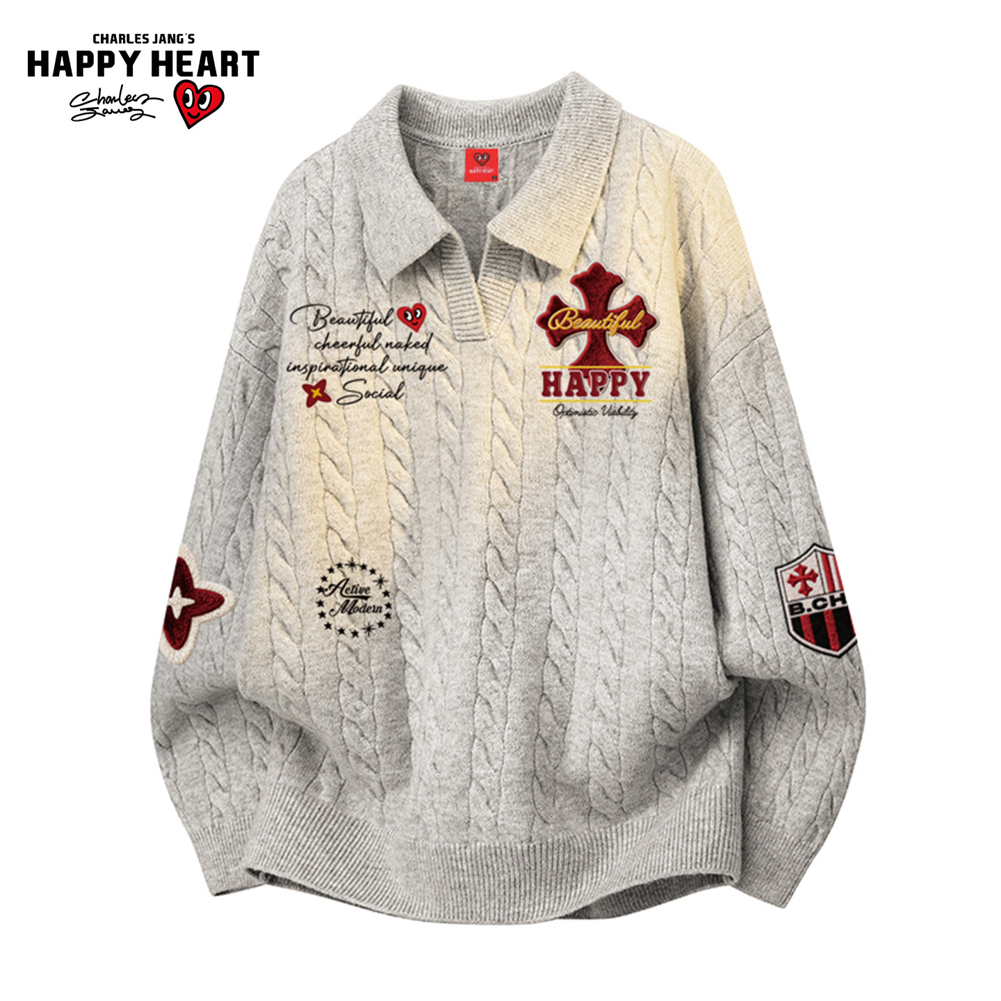 查尔斯桃心美式麻花纹翻领毛衣男冬季新款潮牌慵懒保暖情侣针织衫