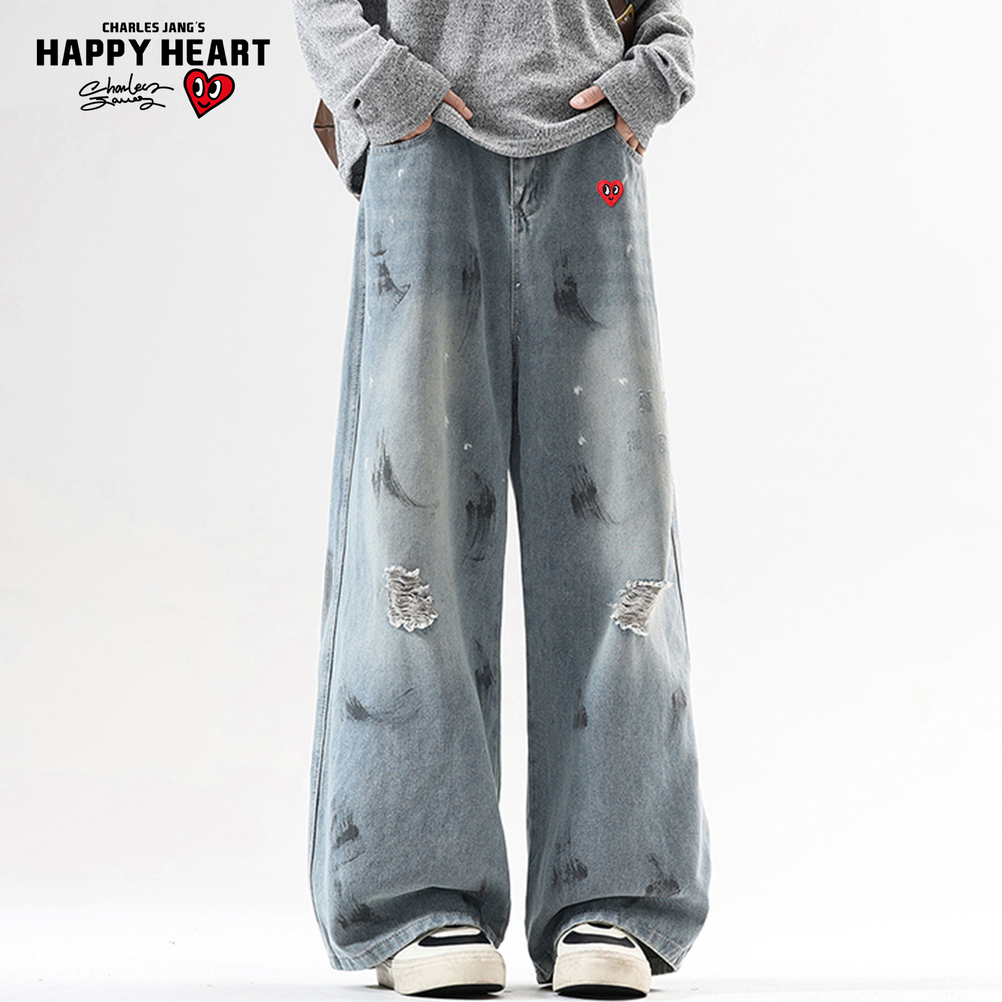 查尔斯桃心美式破洞泼墨牛仔裤男春秋冬季宽松直筒高街阔腿长裤子