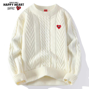 查尔斯桃心 圆领毛衣男冬季套头2025新款加绒加厚爱心打底针织衫
