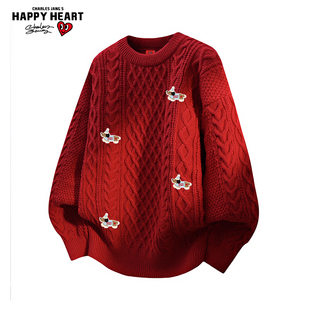 查尔斯桃心腊肠狗刺绣圆领麻花红色毛衣男冬季新款保暖休闲针织衫