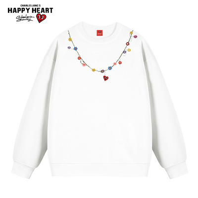 查尔斯桃心 美式落肩袖圆领卫衣男女春秋季花朵项链百搭打底衫