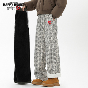 查尔斯桃心裤子男款秋冬季新款加绒加厚小香风慵懒风拖地休闲长裤