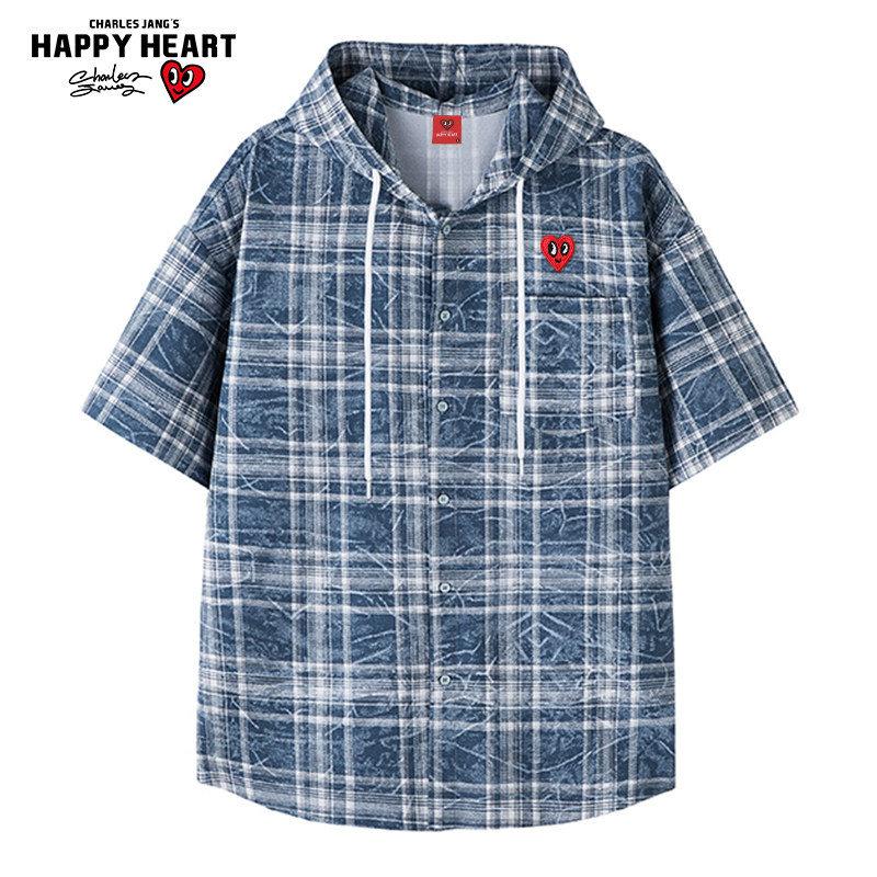 查尔斯桃心 2026年新款连帽格子短袖衬衫男夏季美式复古慵懒风
