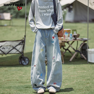子 男春夏宽松直筒阔腿长裤 查尔斯桃心美式 涂鸦刺绣解构弯刀牛仔裤