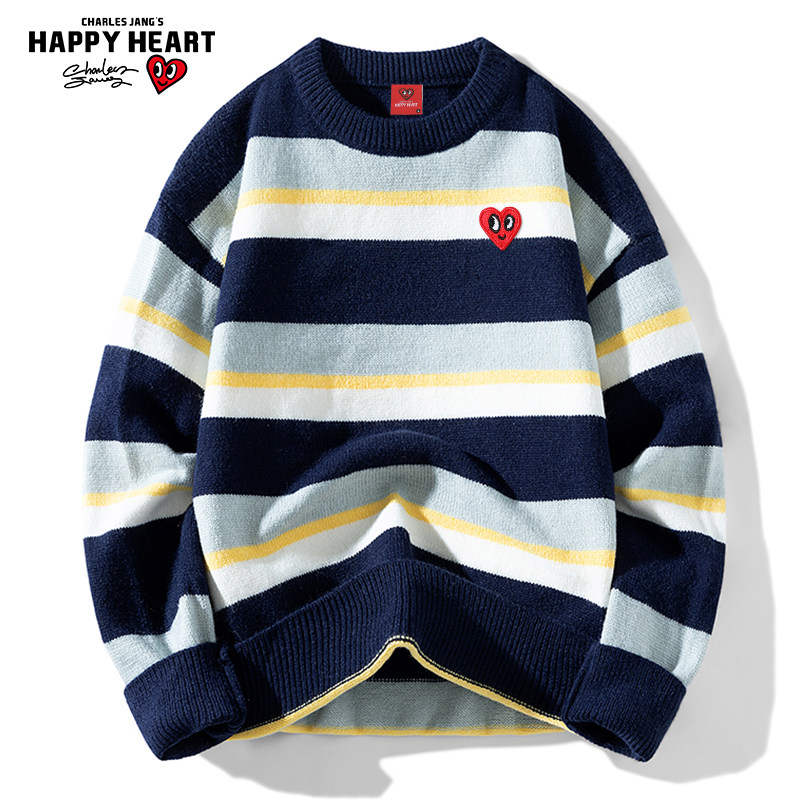 查尔斯桃心 绵羊绒日系条纹圆领针织衫男2026秋冬季保暖复古毛衣