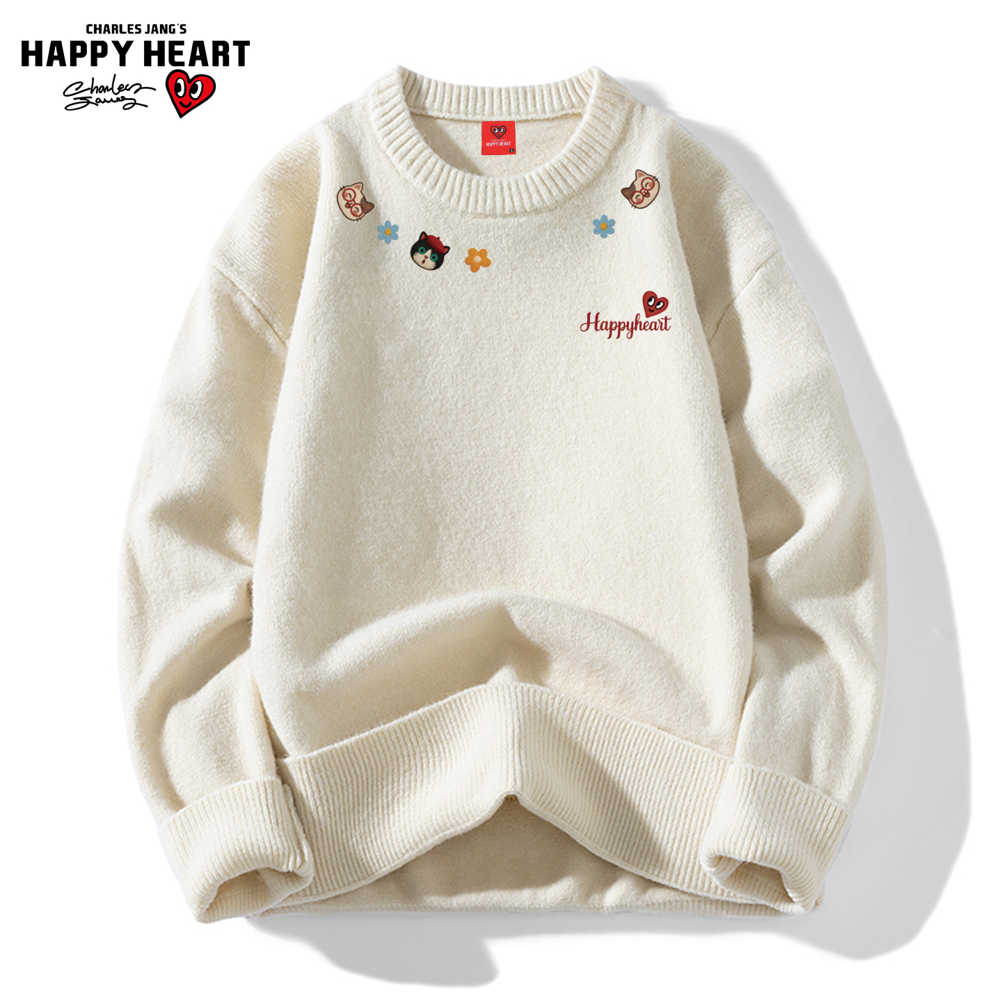 查尔斯桃心小猫印花软糯圆领毛衣