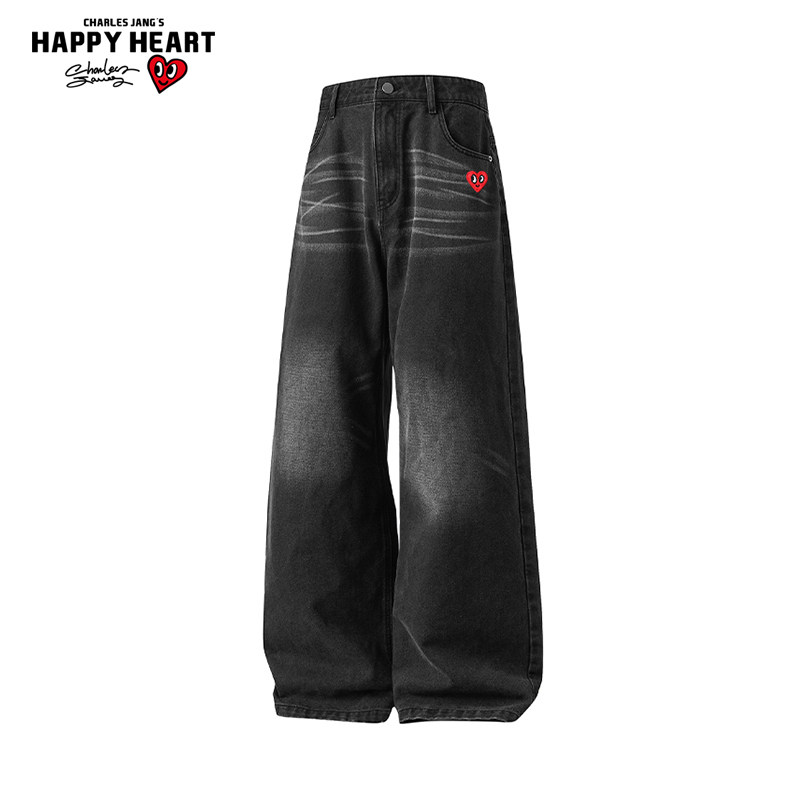 查尔斯桃心猫须牛仔裤男女春秋季新款直筒磨