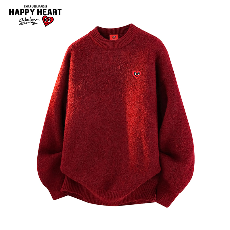 查尔斯桃心红色毛衣男女冬季新款宽松休闲百