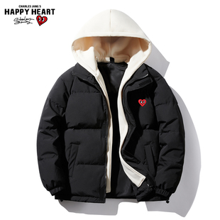 查尔斯桃心 2025年假两件羽绒服男女冬季连帽拼接90绒情侣外套