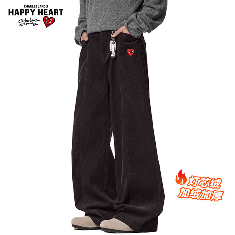 查尔斯桃心灯芯绒牛仔裤男冬季加绒加厚美式宽松直筒阔腿休闲裤子