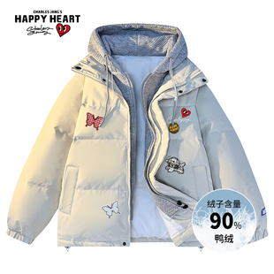 查尔斯桃心白鸭绒假两件拼接复古情侣蝴蝶印花加厚连帽羽绒服外套