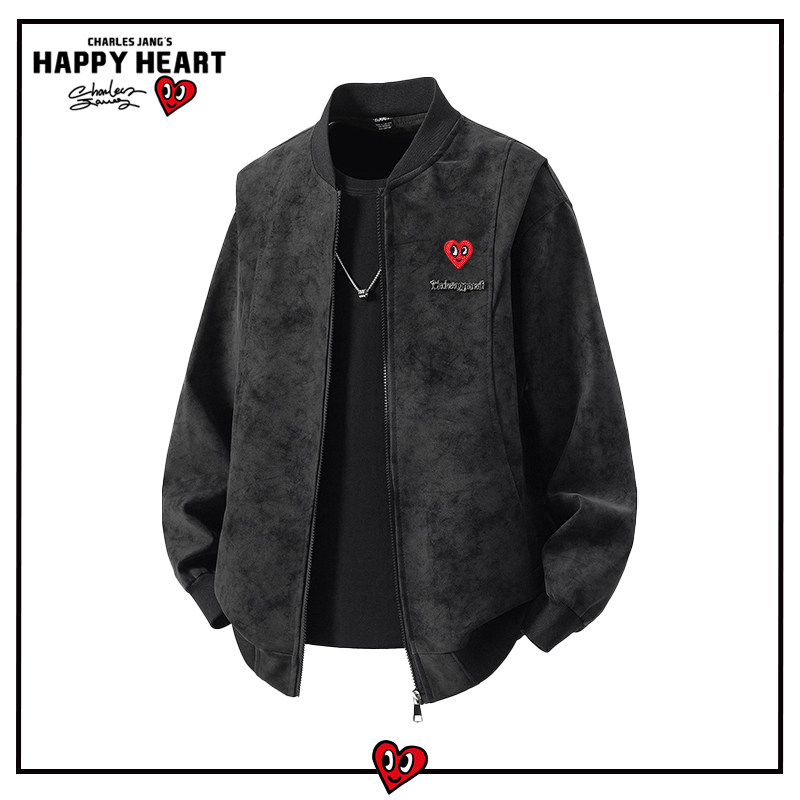 查尔斯桃心美式复古PU皮夹克外套男春秋季宽松百搭潮流休闲上衣服