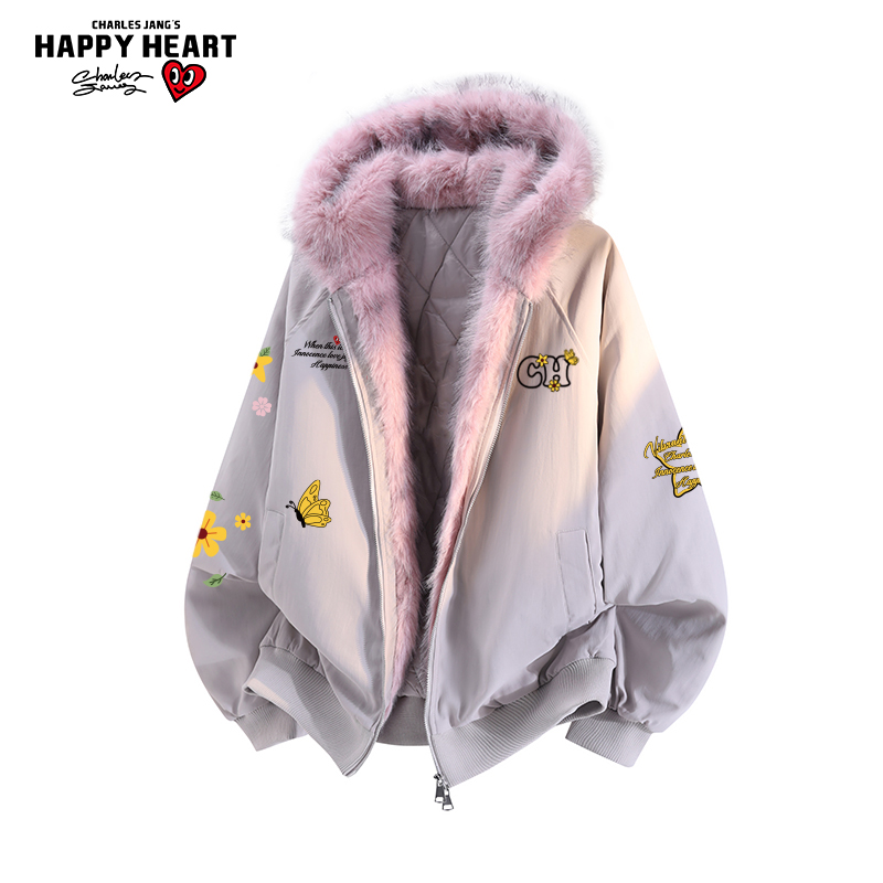 查尔斯桃心蝴蝶花朵印花毛领棉服男女冬季新