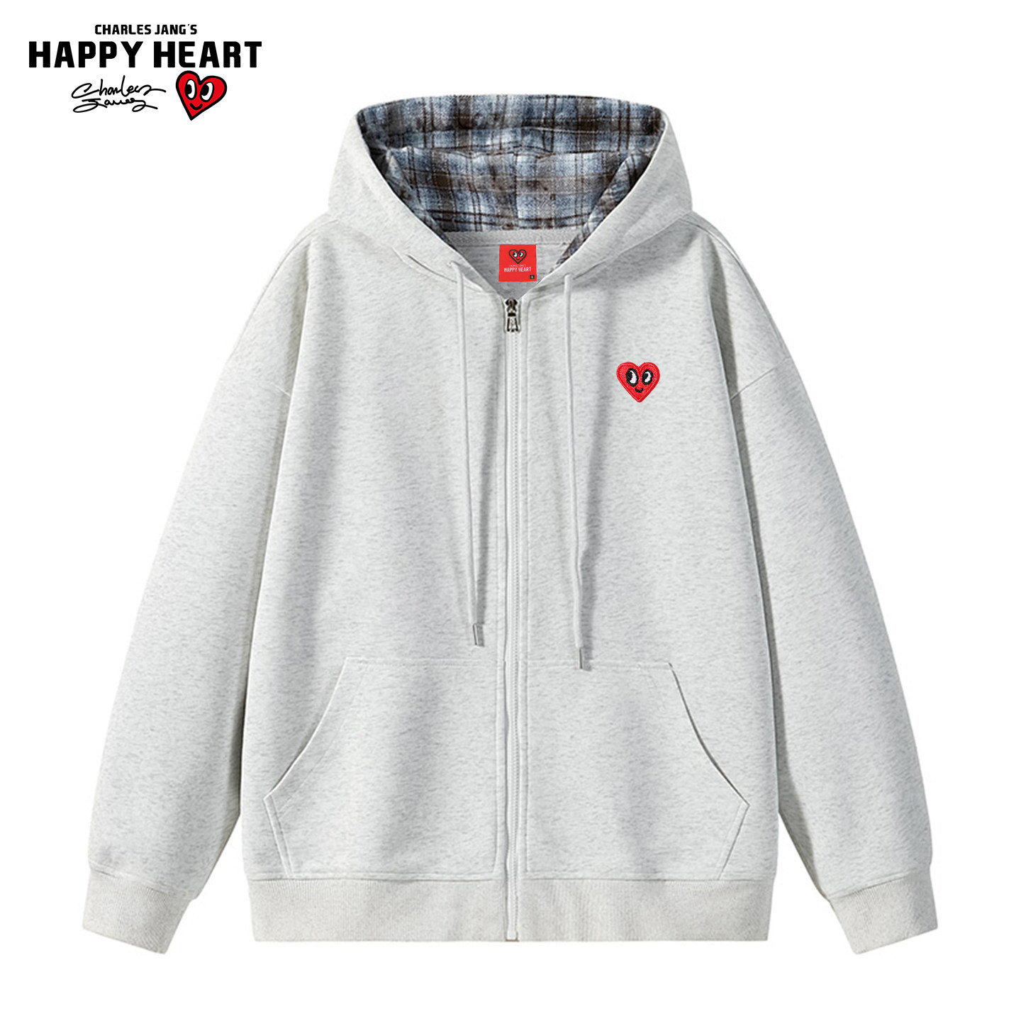 查尔斯桃心美式拼色格子开衫卫衣男女春秋季情侣休闲男生连帽外套