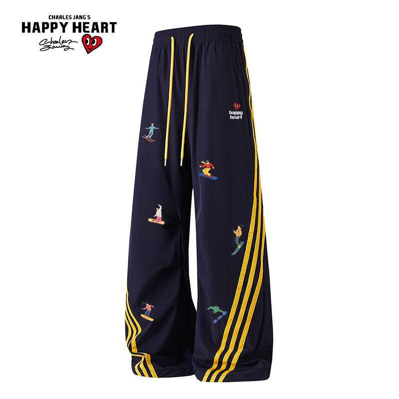 查尔斯桃心夏季新款轻薄透气卡通滑雪印花撞色三条杠伞兵休闲长裤