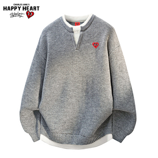 查尔斯桃心日系复古假两件拼接圆领针织衫男女秋冬季情侣休闲毛衣