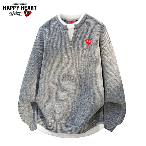 查尔斯桃心假两件拼接圆领针织衫