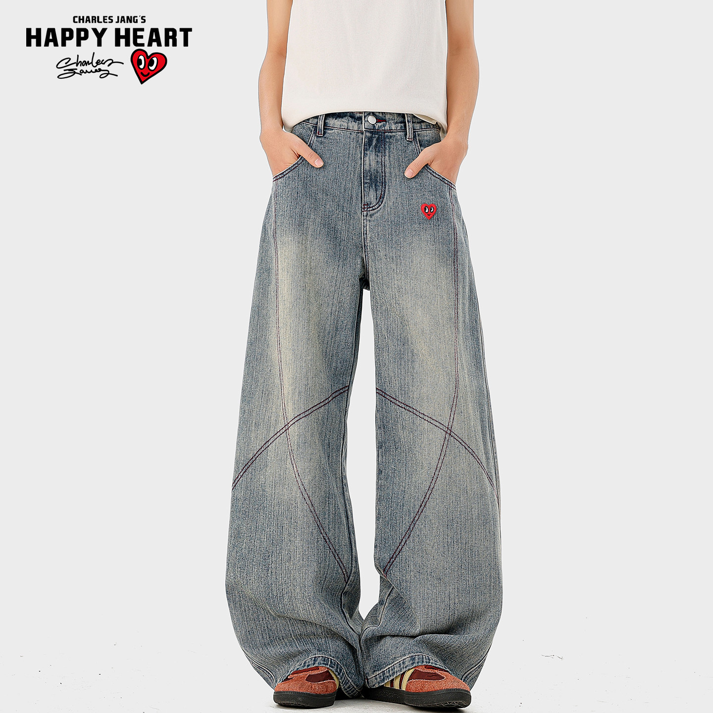 查尔斯桃心哈苏线水洗弯刀牛仔裤男女春季垂感阔腿裤宽松直筒长裤,男装,牛仔裤,淘宝优惠券,粉丝福利购,淘宝优惠卷