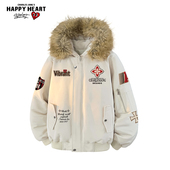 查尔斯桃心印花毛领棉服男女冬季 新款 加厚保暖休闲情侣连帽外套潮