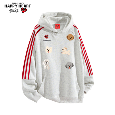 查尔斯桃心小狗印花美式条纹连帽卫衣春秋季新款男女休闲运动外套