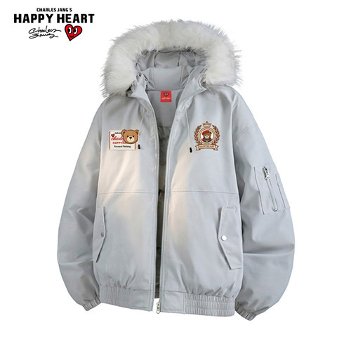 查尔斯桃心小熊印花连帽毛领棉衣