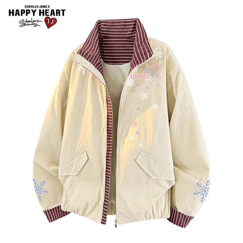 查尔斯桃心 美式撞色条纹拼接雪花涂鸦防风立领夹克外套男女上衣,男装,夹克,淘宝优惠券,粉丝福利购,淘宝优惠卷