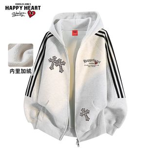 查尔斯桃心美式印花条纹开衫卫衣宽松休闲加绒加厚男女连帽外套