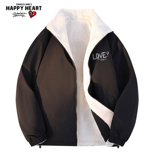 查尔斯桃心 立领棉衣外套 手绘LOVE双面穿羊羔绒棉服男2025年冬季