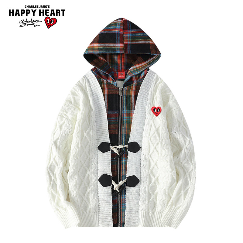 查尔斯桃心 美式格纹拼接开衫毛衣男春秋季假两件连帽针织衫外套,男装,针织衫/毛衣,淘宝优惠券,粉丝福利购,淘宝优惠卷