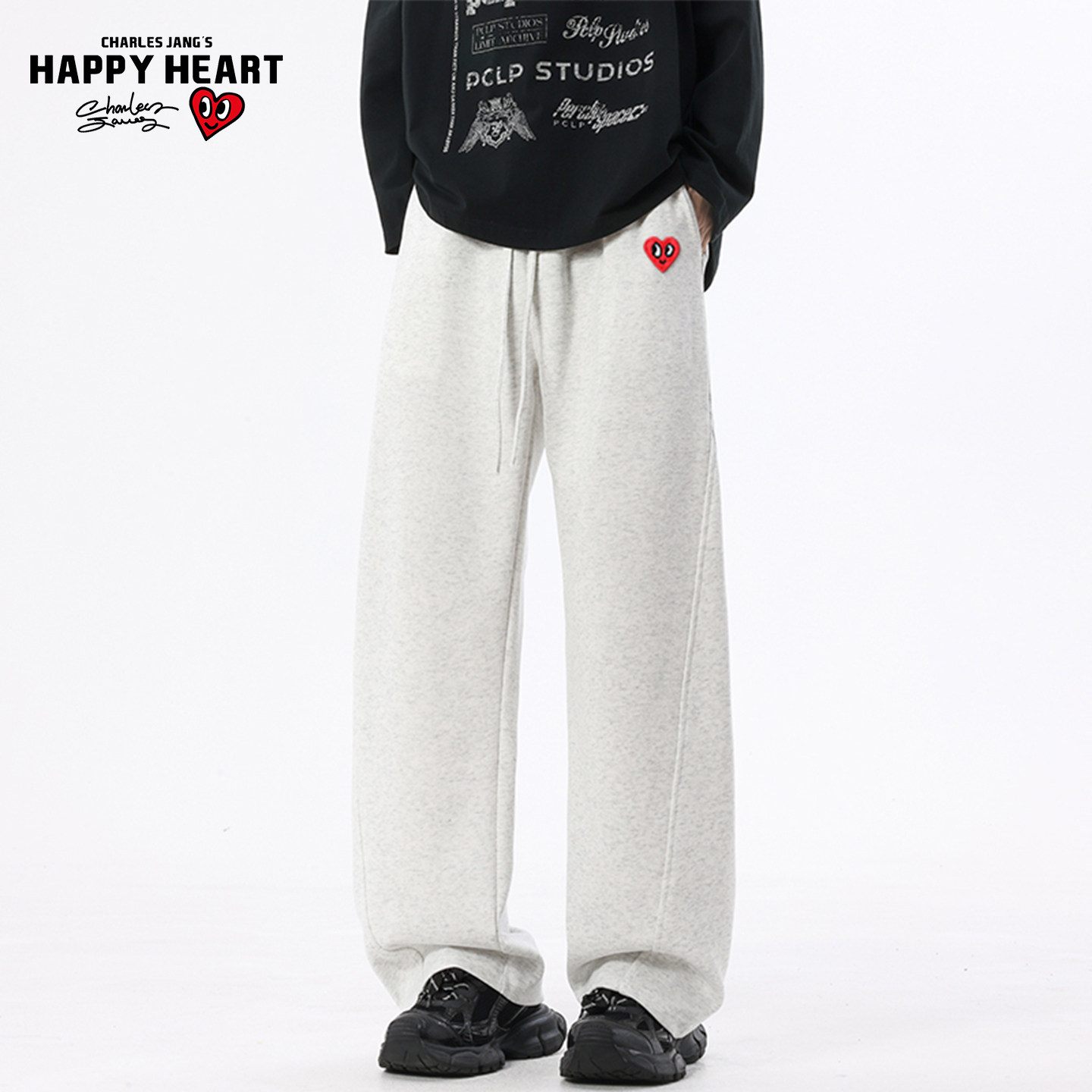 查尔斯桃心新款休闲裤男春秋季条纹拼接爱心刺绣直筒阔腿长裤子