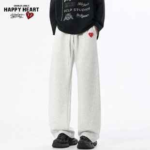 查尔斯桃心新款休闲裤男春秋季条纹拼接爱心刺绣直筒阔腿长裤子