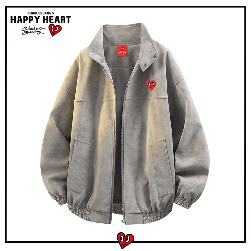 查尔斯桃心美式扎染立领pu皮夹克外套男秋季宽松百搭潮流情侣上衣