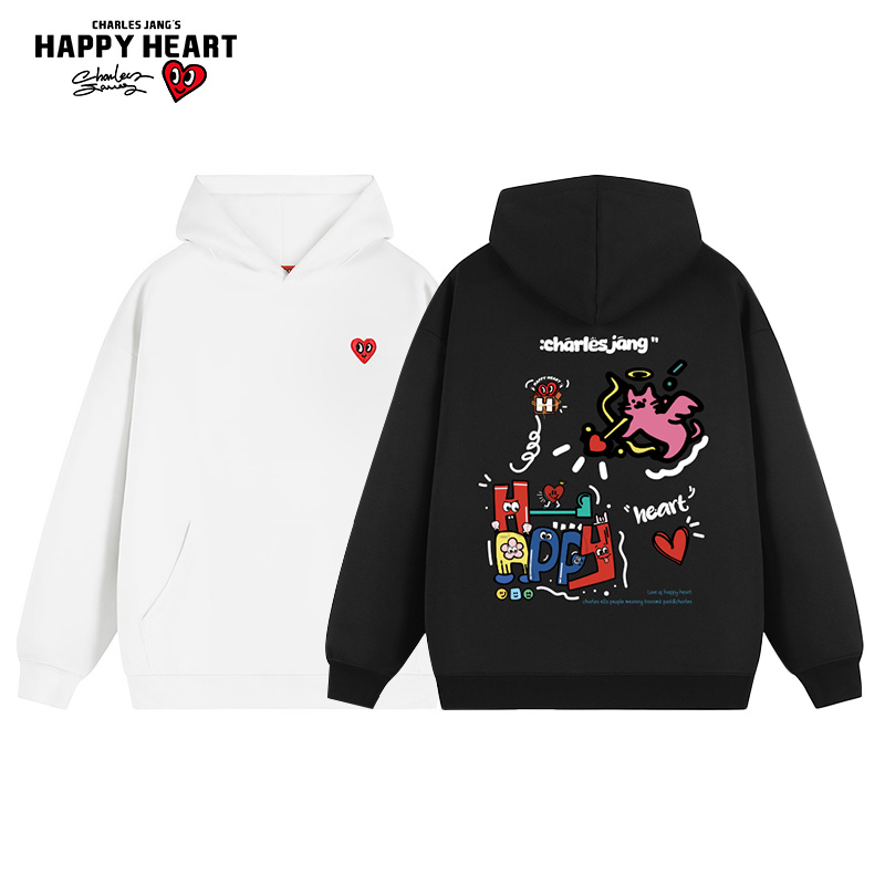 查尔斯桃心 美式丘比特印花连帽卫衣男春秋季宽松休闲长袖情侣款