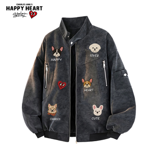 查尔斯桃心小狗印花棉服男女冬季保暖加厚2025新款立领复古外套潮