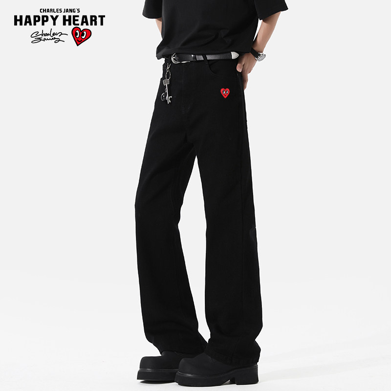 查尔斯桃心2026年春夏新款学院风直筒宽松水洗耐磨黑色牛仔裤子男