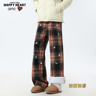 加绒情侣宽松休闲防风防寒直筒卫裤 查尔斯桃心休闲长裤 男2025冬季