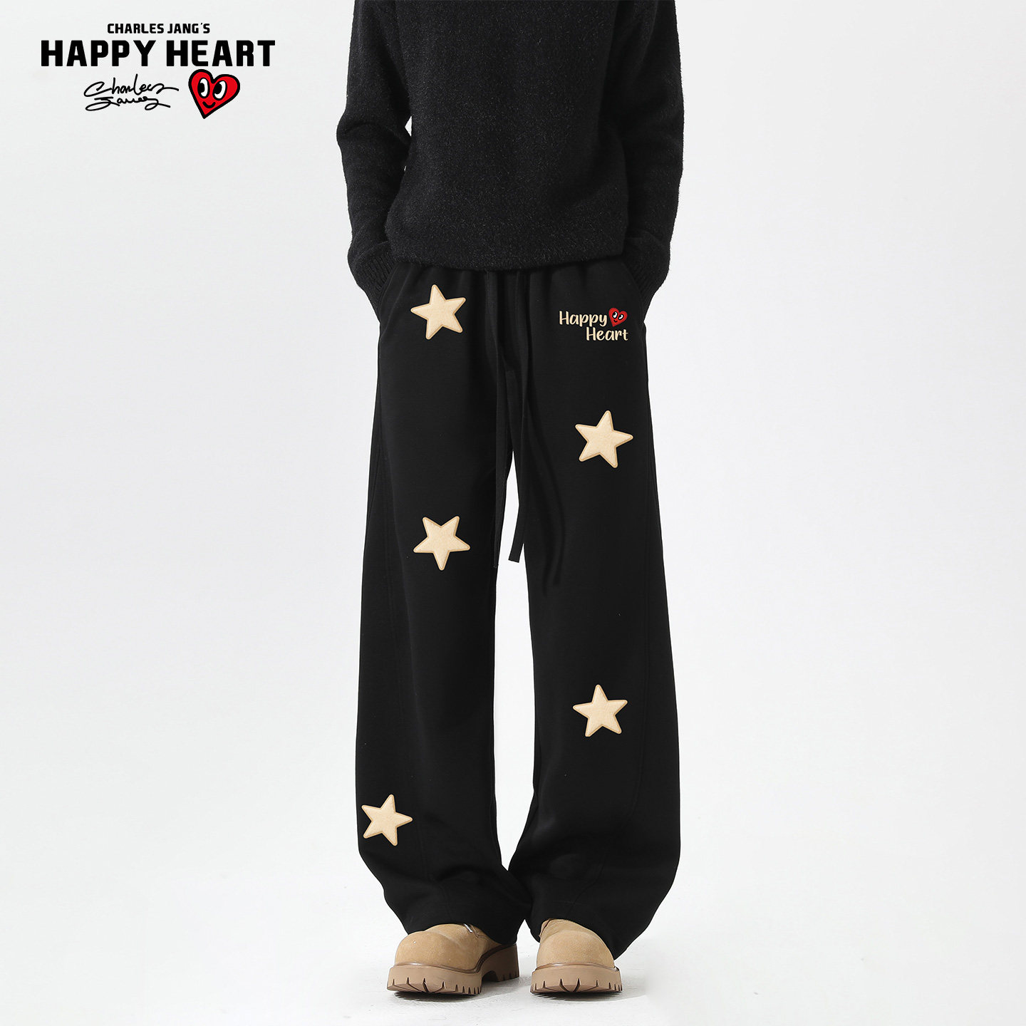 查尔斯桃心 星星印花弯刀休闲裤男女春秋季宽松阔腿新款情侣长裤