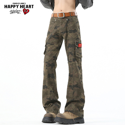 查尔斯桃心迷彩多口袋微喇牛仔裤