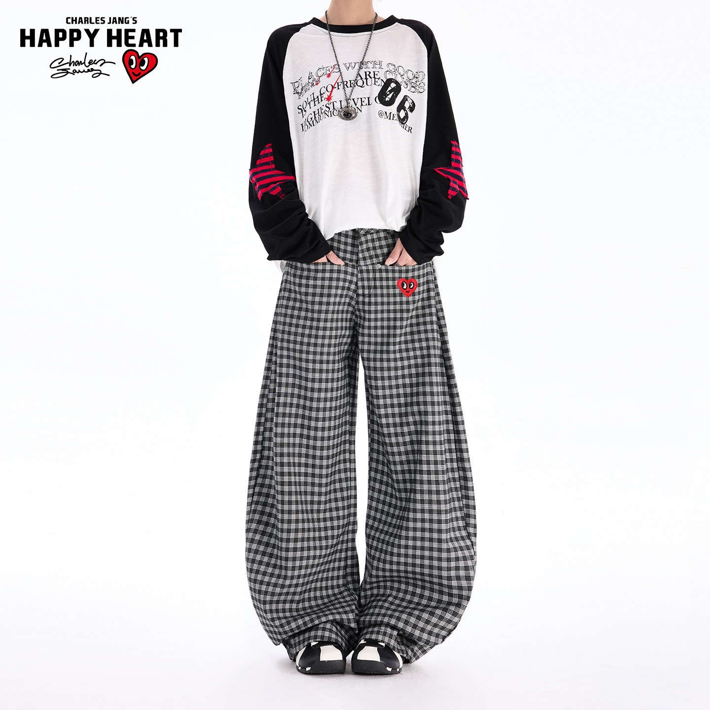 查尔斯桃心复古反穿口袋弯刀格子西裤男女春秋阔腿休闲百搭长裤子