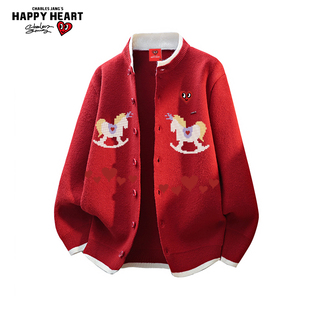 查尔斯桃心马年2026新款慵懒印花针织衫外套男女冬季宽松休闲毛衣