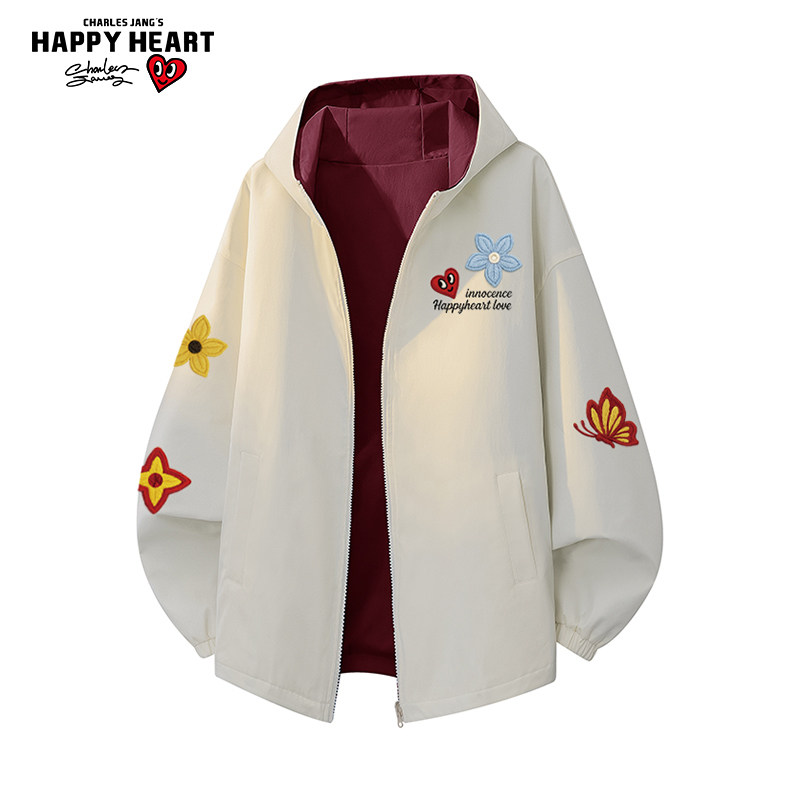 查尔斯桃心蝴蝶花卉印花双面连帽夹克外套男女春秋季情侣休闲上衣