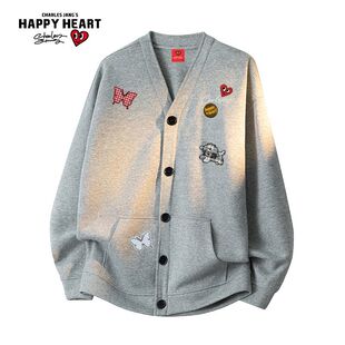 卫衣外套男 蝴蝶印花情侣V领休闲百搭纽扣开衫 查尔斯桃心冬季 美式