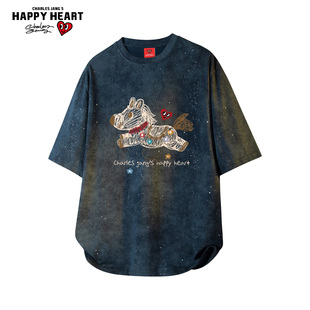 查尔斯桃心扎染满天星短袖 T恤纯棉百搭圆领小马印花宽松情侣上衣