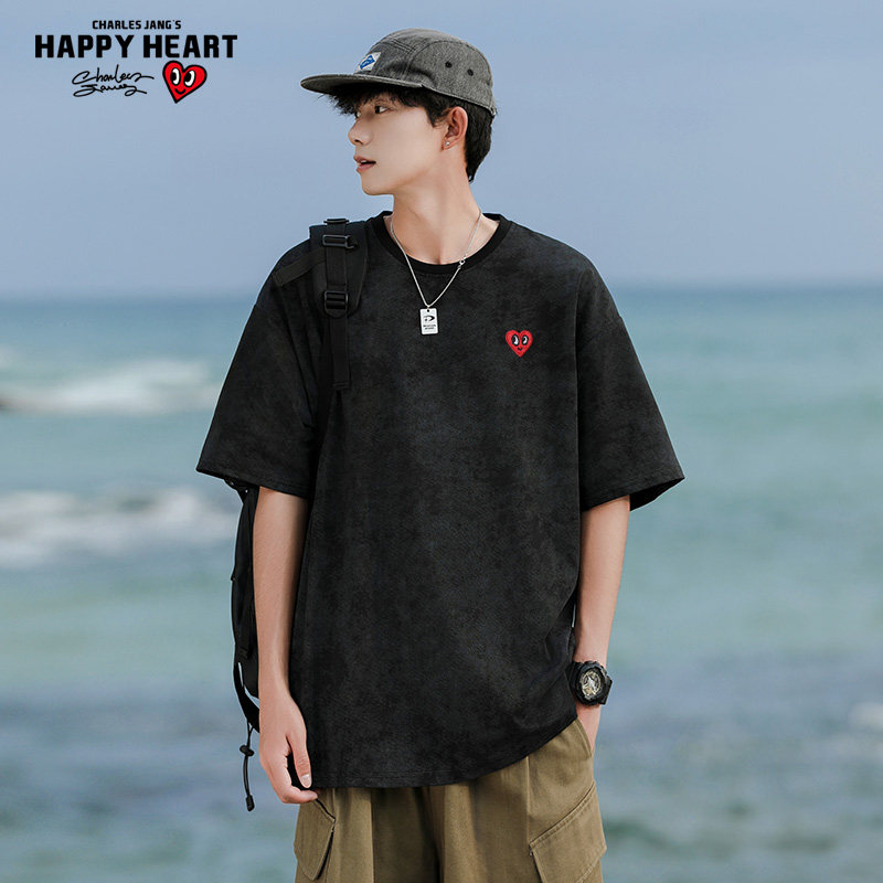 查尔斯桃心 美式扎染字母印花短袖t恤男夏季新款百搭休闲圆领上衣
