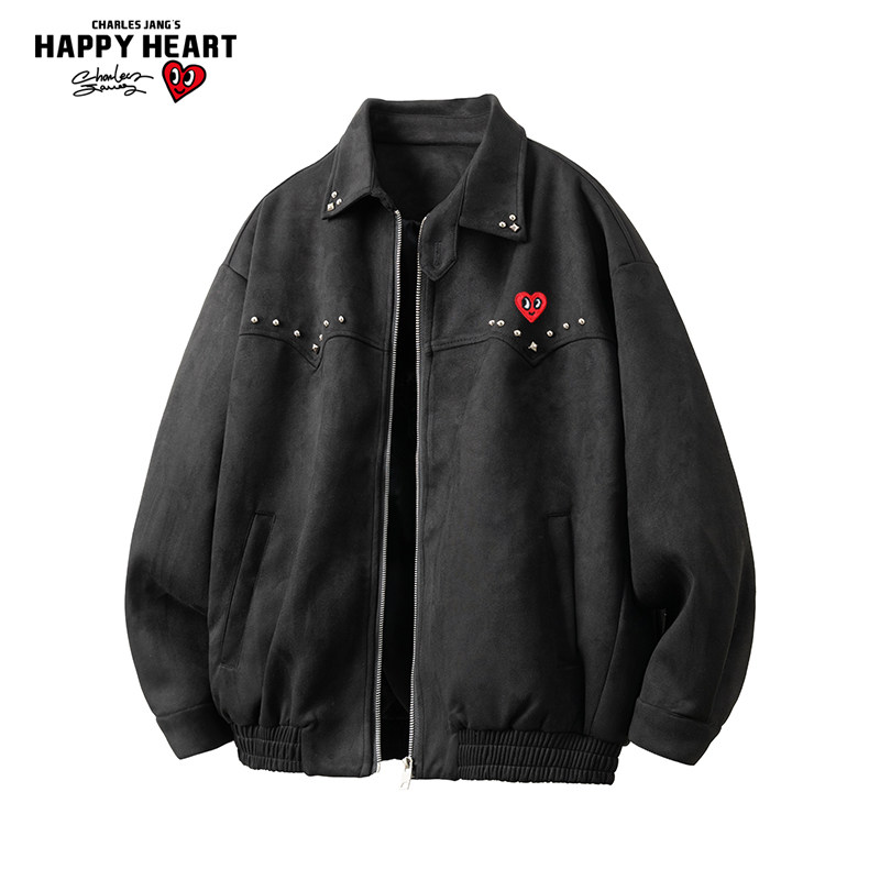 查尔斯桃心铆钉麂皮绒夹克男春秋季新款百搭潮流宽松情侣休闲外套