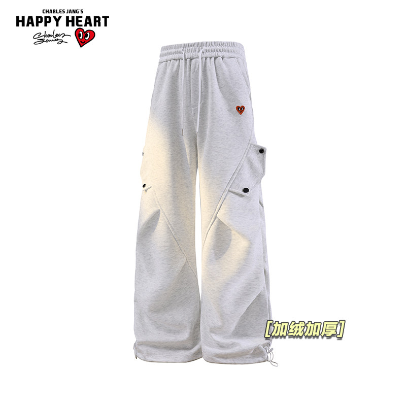 查尔斯桃心休闲裤加绒加厚冬季男女新款2025百搭直筒宽松运动裤子