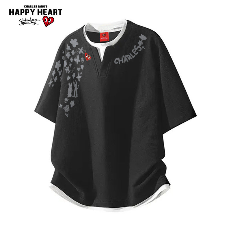 查尔斯桃心 美式假两件趣味涂鸦印花短袖t恤男夏季透气圆领半截袖